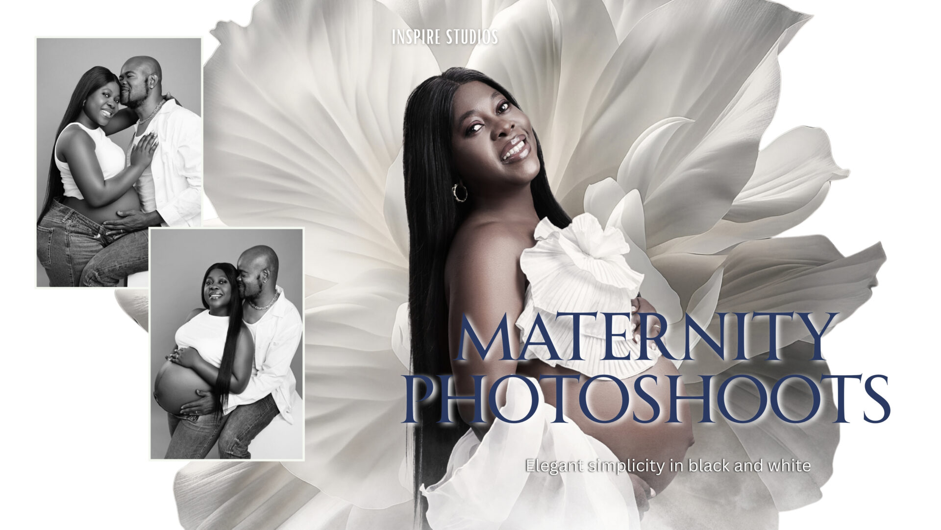 Black and white maternity studio photoshoot in London capturing timeless and elegant pregnancy portraits at Inspire Studios.