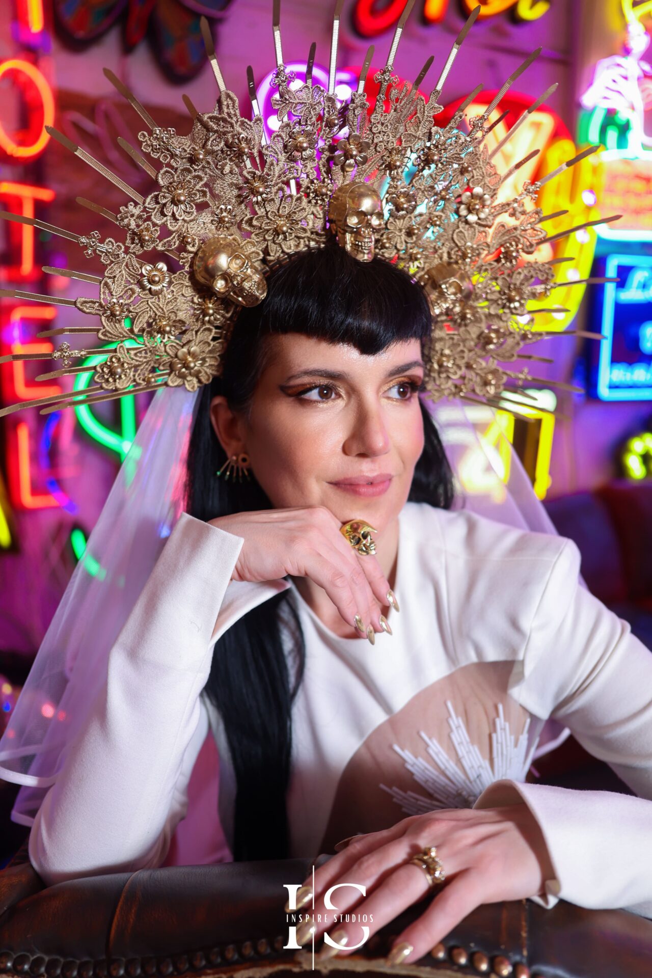 Artistic close-up portrait of punk bride at Gods Own Junkyard wedding