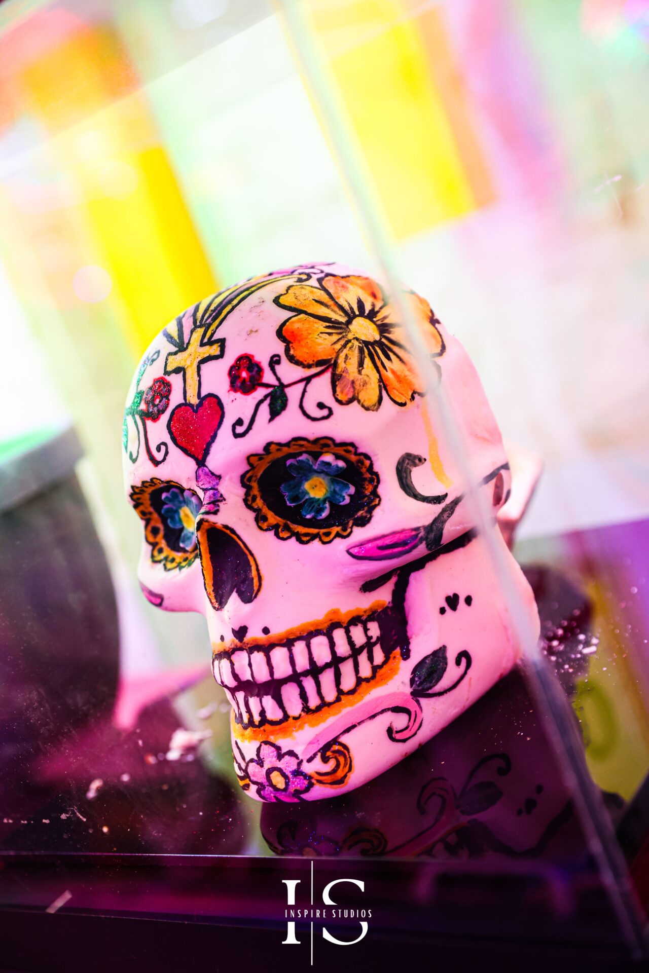 Skull-themed neon art decor at Gods Own Junkyard wedding venue Walthamstow