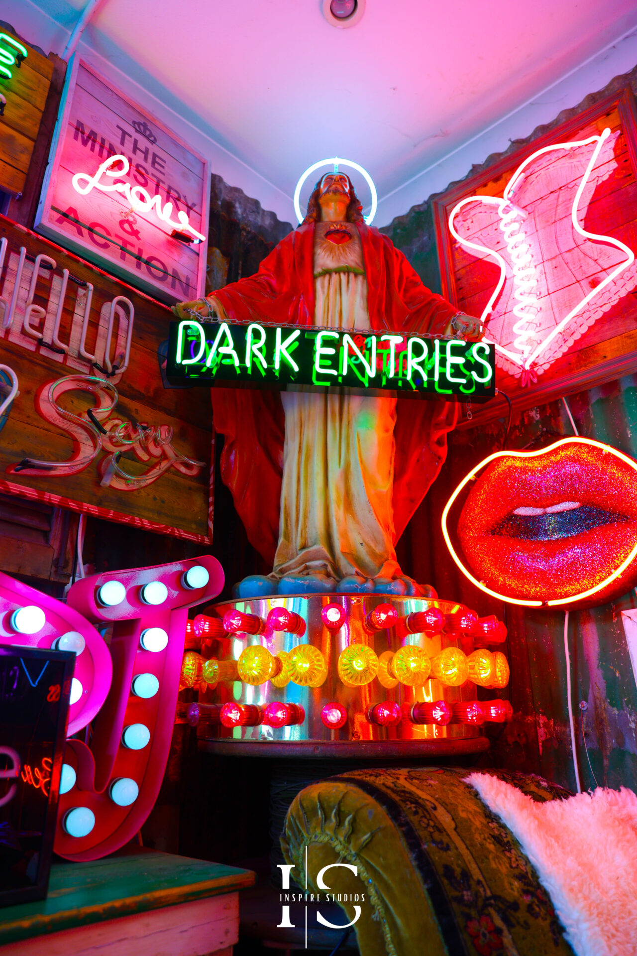 Neon-lit interior of Gods Own Junkyard wedding venue in Walthamstow London