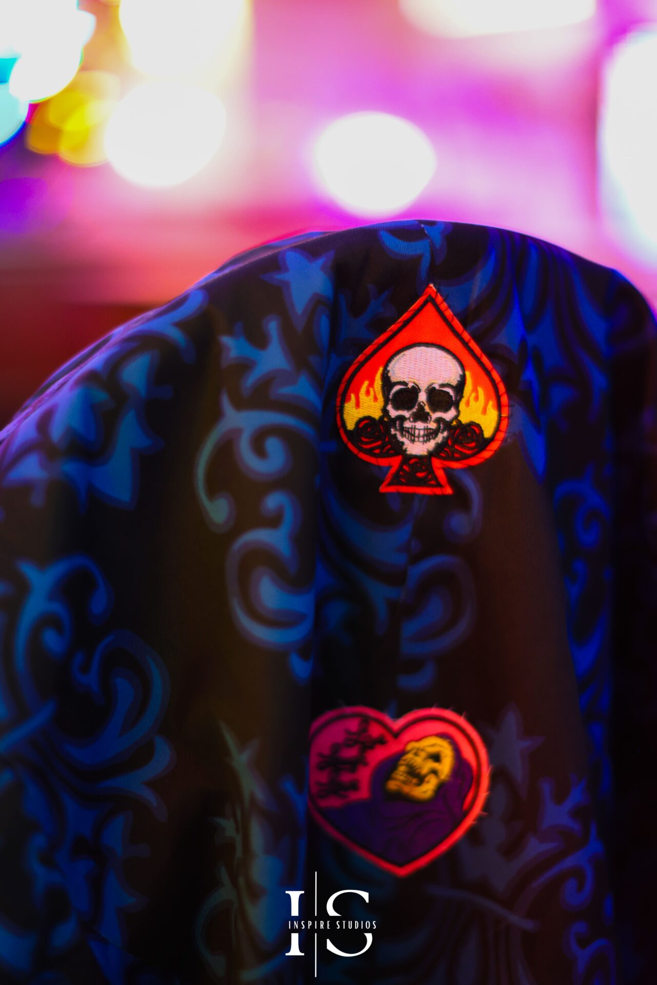 Groom’s punk jacket detail shot at Gods Own Junkyard wedding venue London