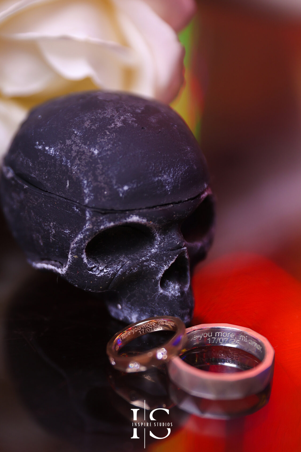 Iconic skull wedding rings holder shots at Gods Own Junkyard wedding venue London