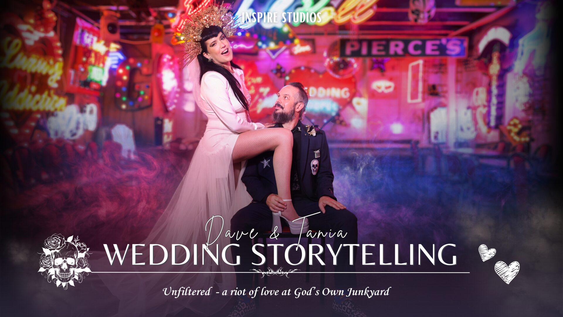 Vibrant punk wedding portraits at Gods Own Junkyard, with neon lights and edgy details captured by Inspire Studios.