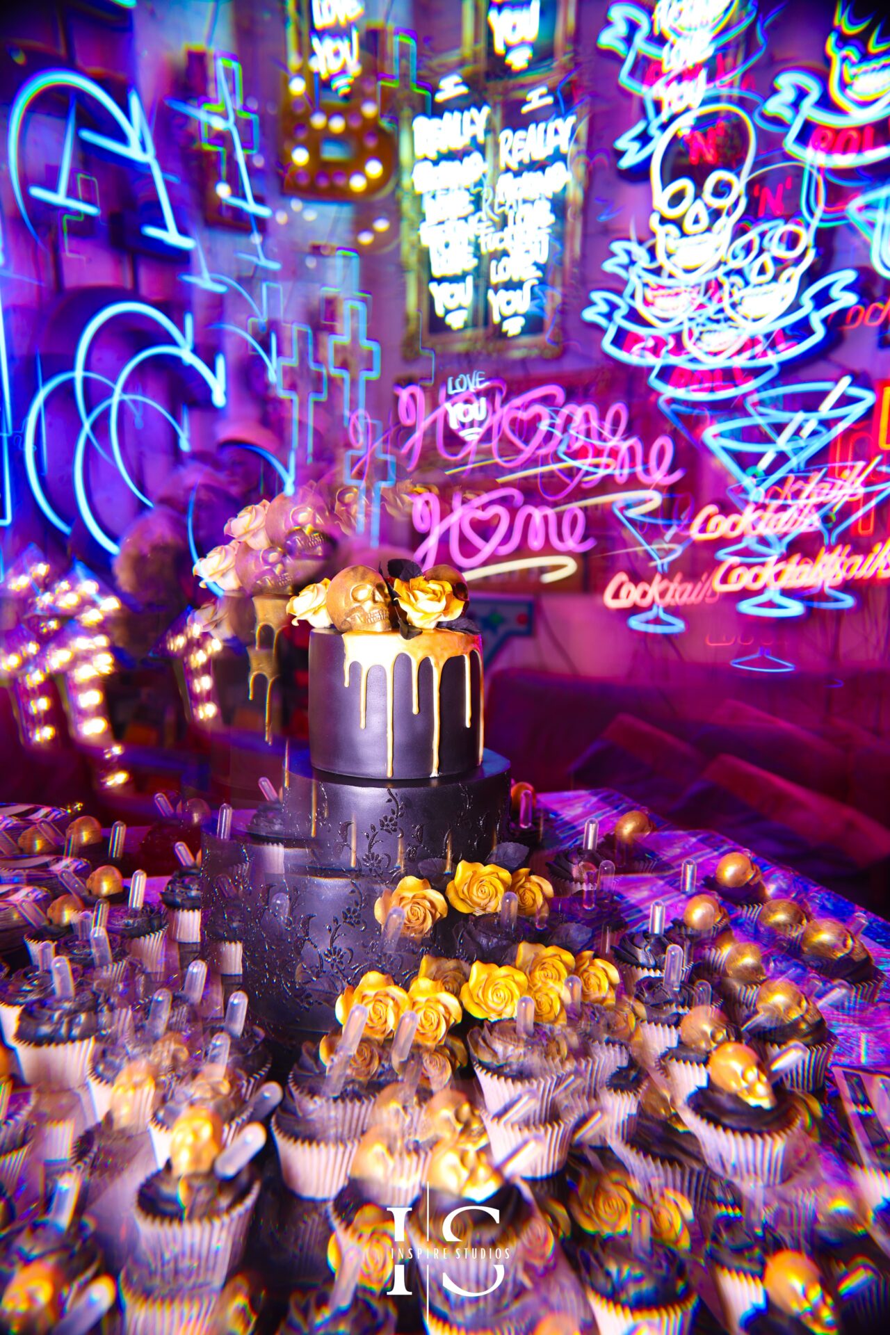 Punk wedding cake with kaleidoscope photography at Gods Own Junkyard by Inspire Studios