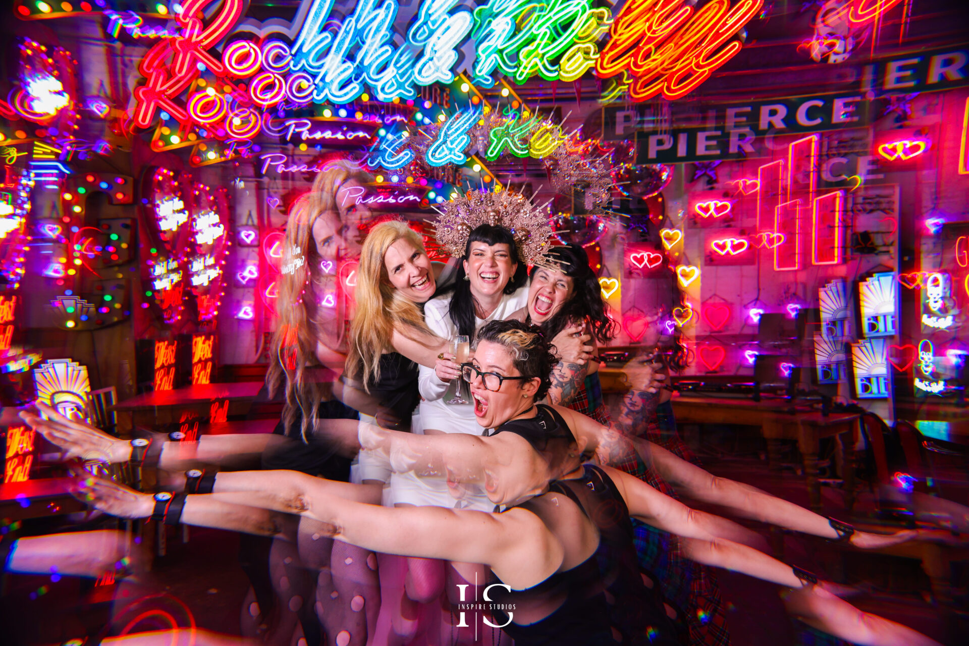 Bride and friends partying kaleidoscope wedding photography vibrant shots
