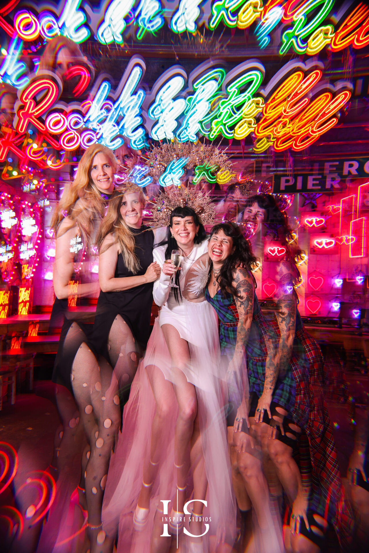 Bride and friends kaleidoscope lens photoshoot at Gods Own Junkyard London