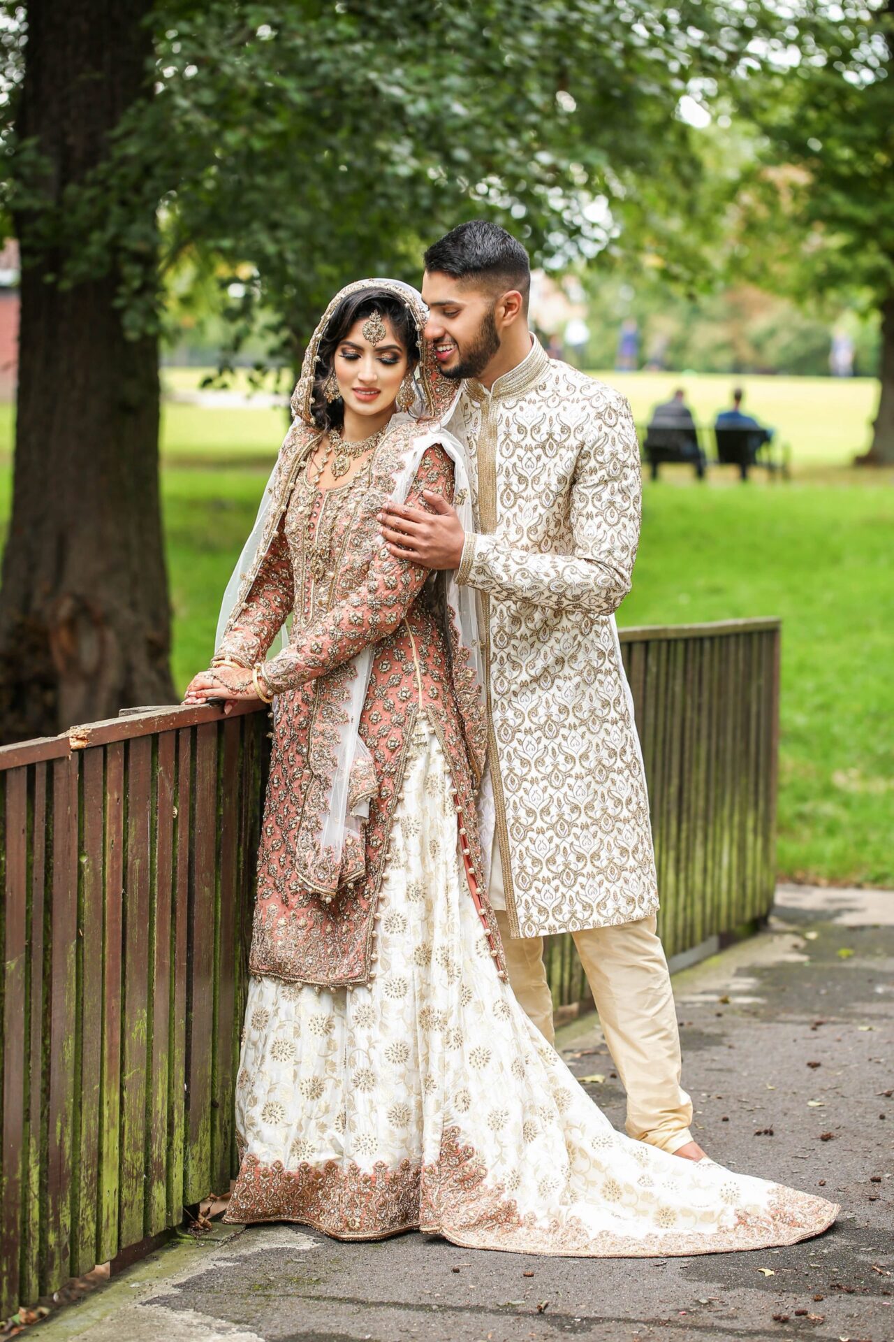 Bride and groom during an outdoor wedding photoshoot in London