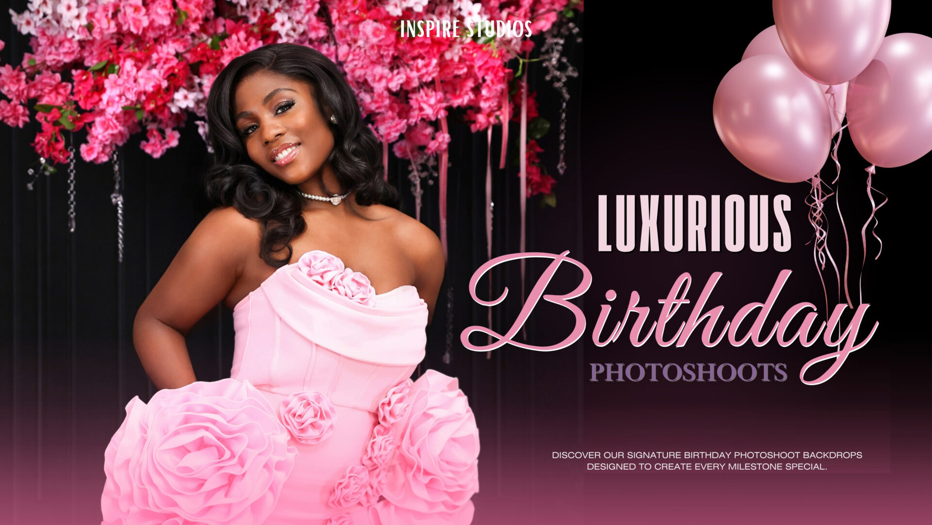Luxurious birthday studio photoshoot for birthday girls in London with elegant backdrops and professional photography.