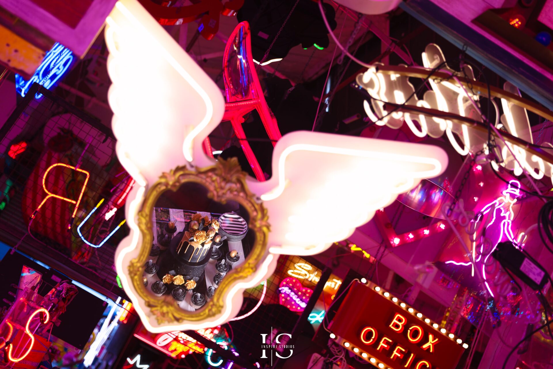 Neon lights highlight punk wedding cake at Gods Own Junkyard venue Walthamstow