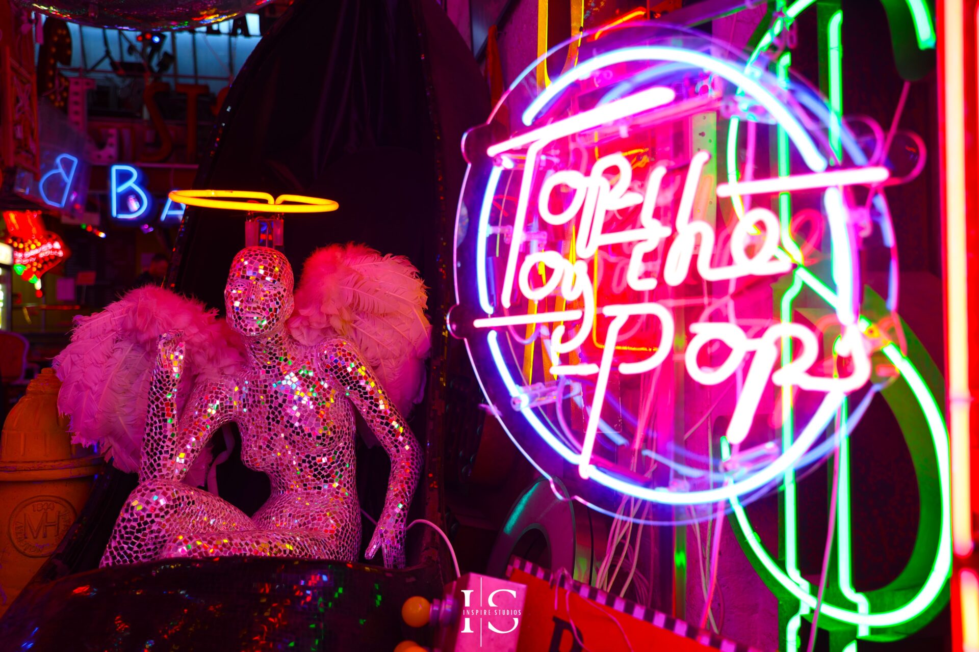 Neon lights glowing at punk wedding venue Gods Own Junkyard London