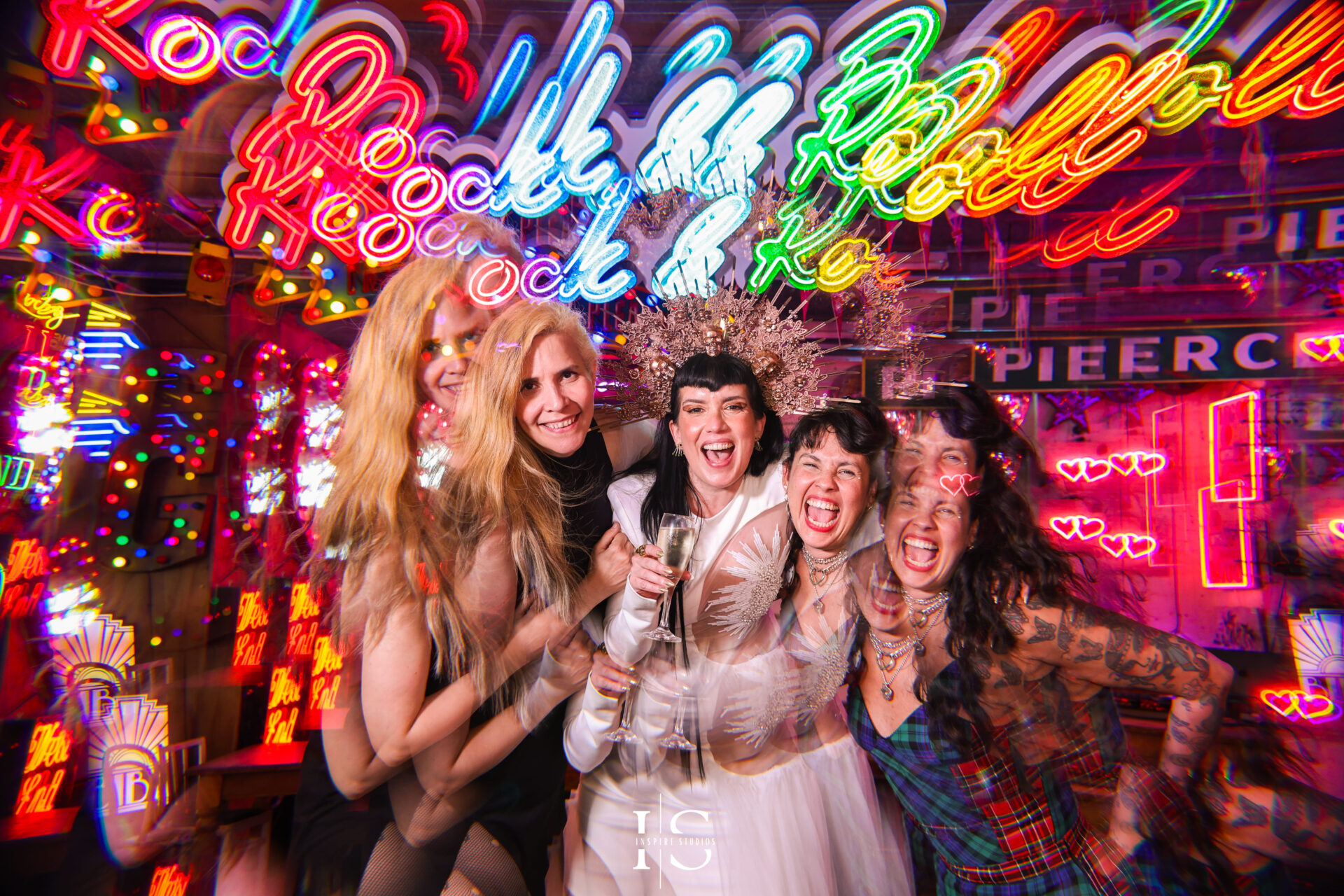 Bride and friends captured with kaleidoscope lens by creative wedding photographer