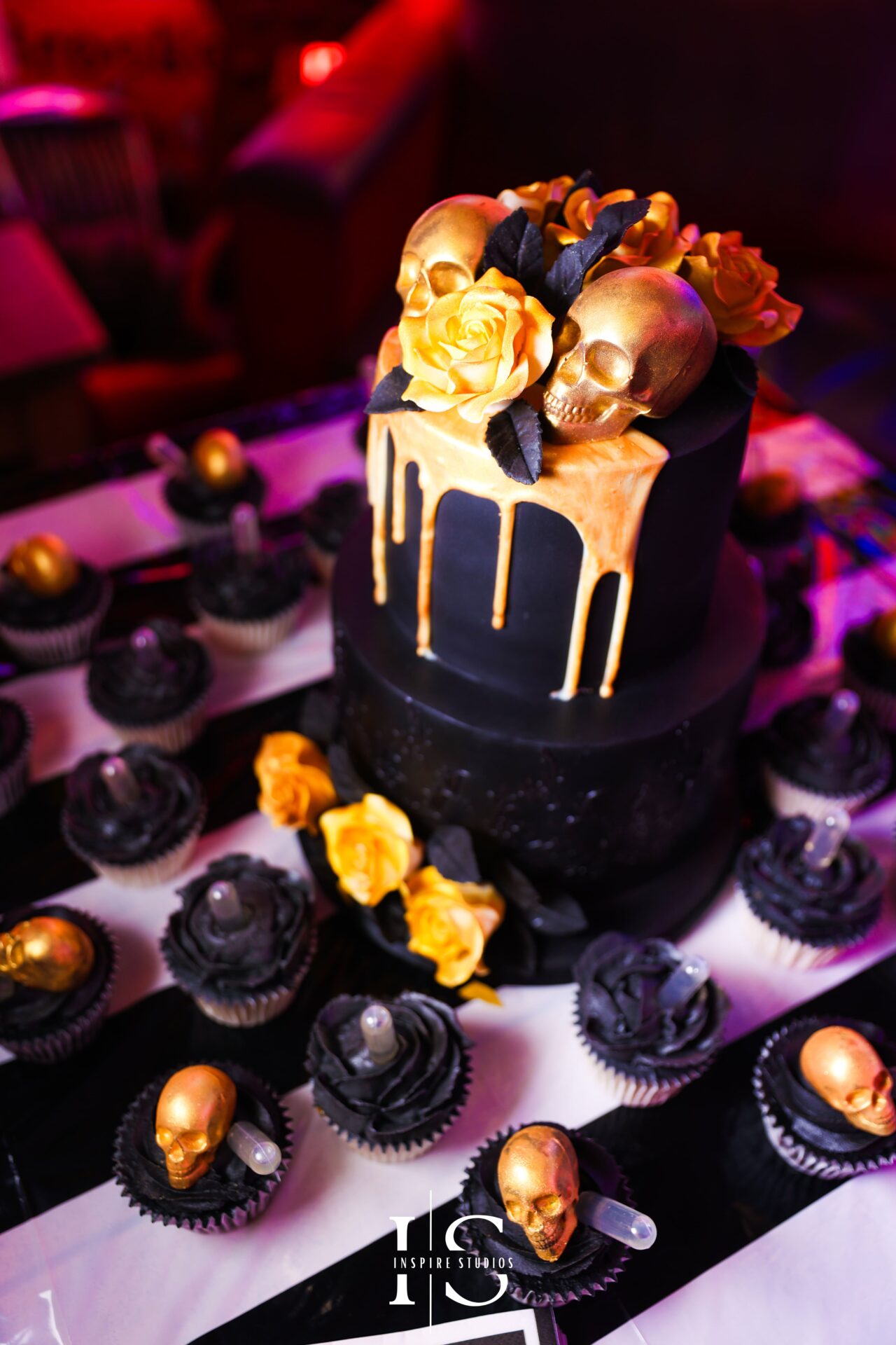 Close-up photos of punk wedding cake at London’s Gods Own Junkyard venue