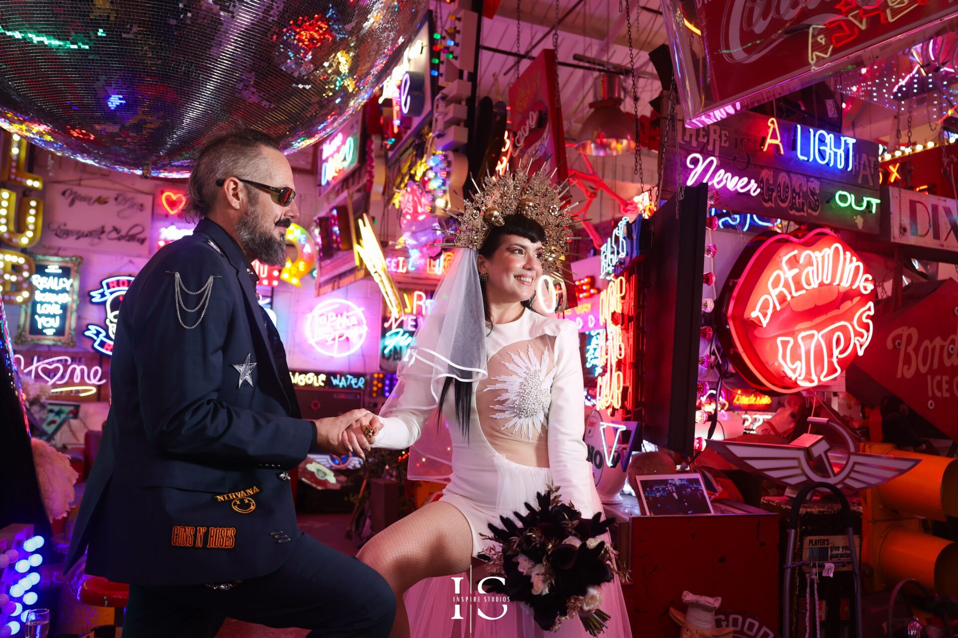 Punk wedding couple photoshoot with kaleidoscope lens at Gods Own Junkyard Walthamstow