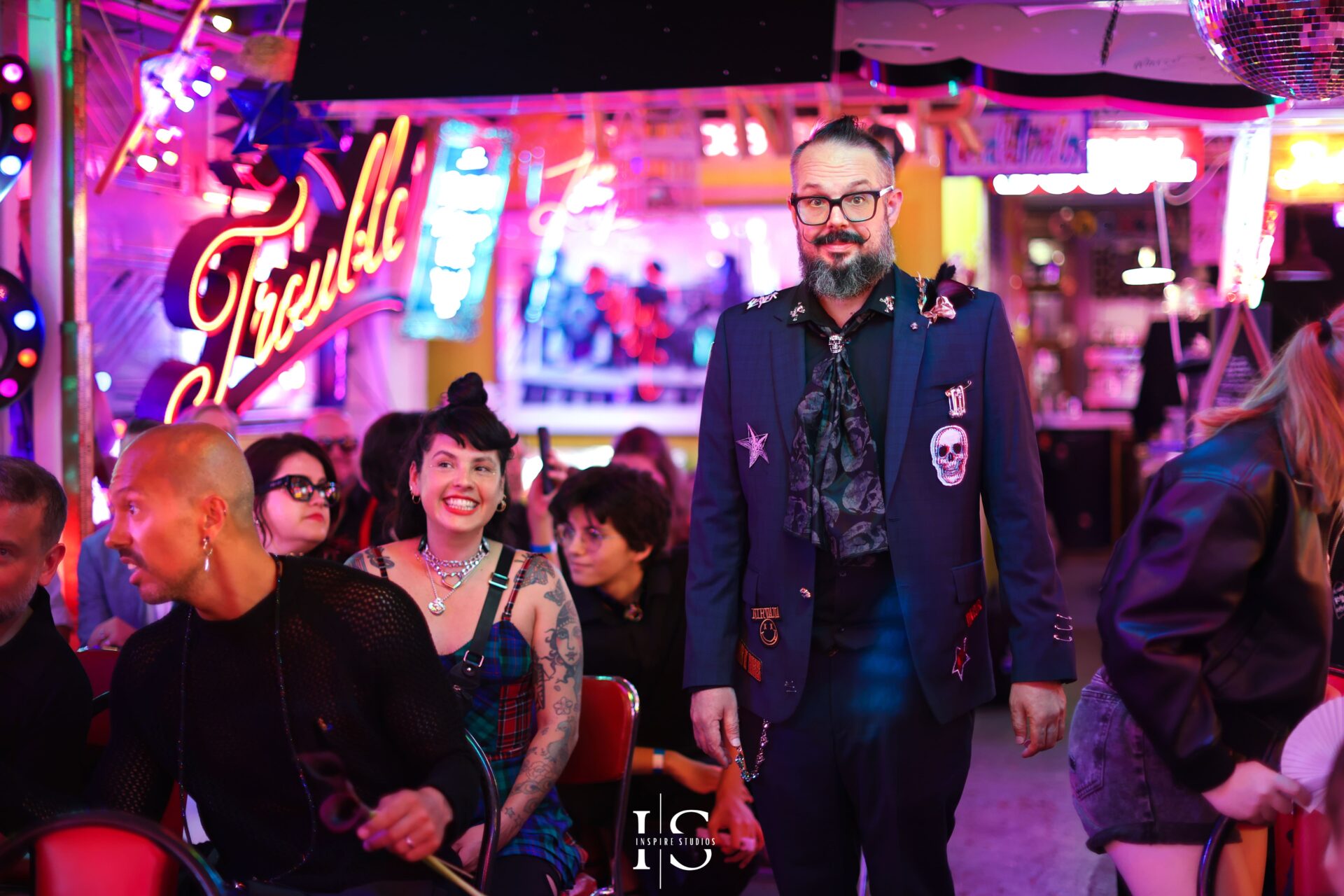 Groom making entrance at punk registry wedding in Gods Own Junkyard Walthamstow