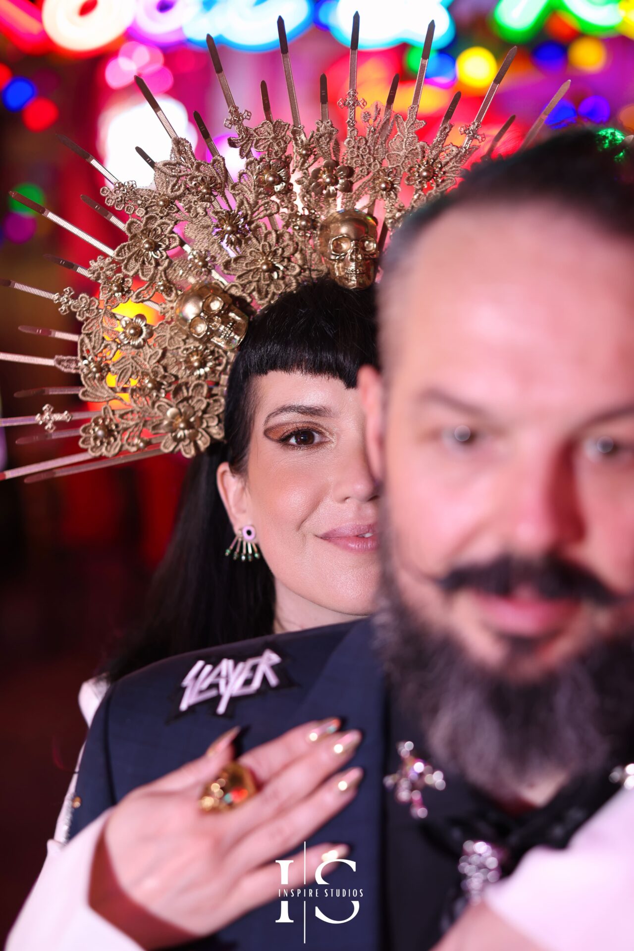 Couple photoshoot at Gods Own Junkyard neon wedding venue London