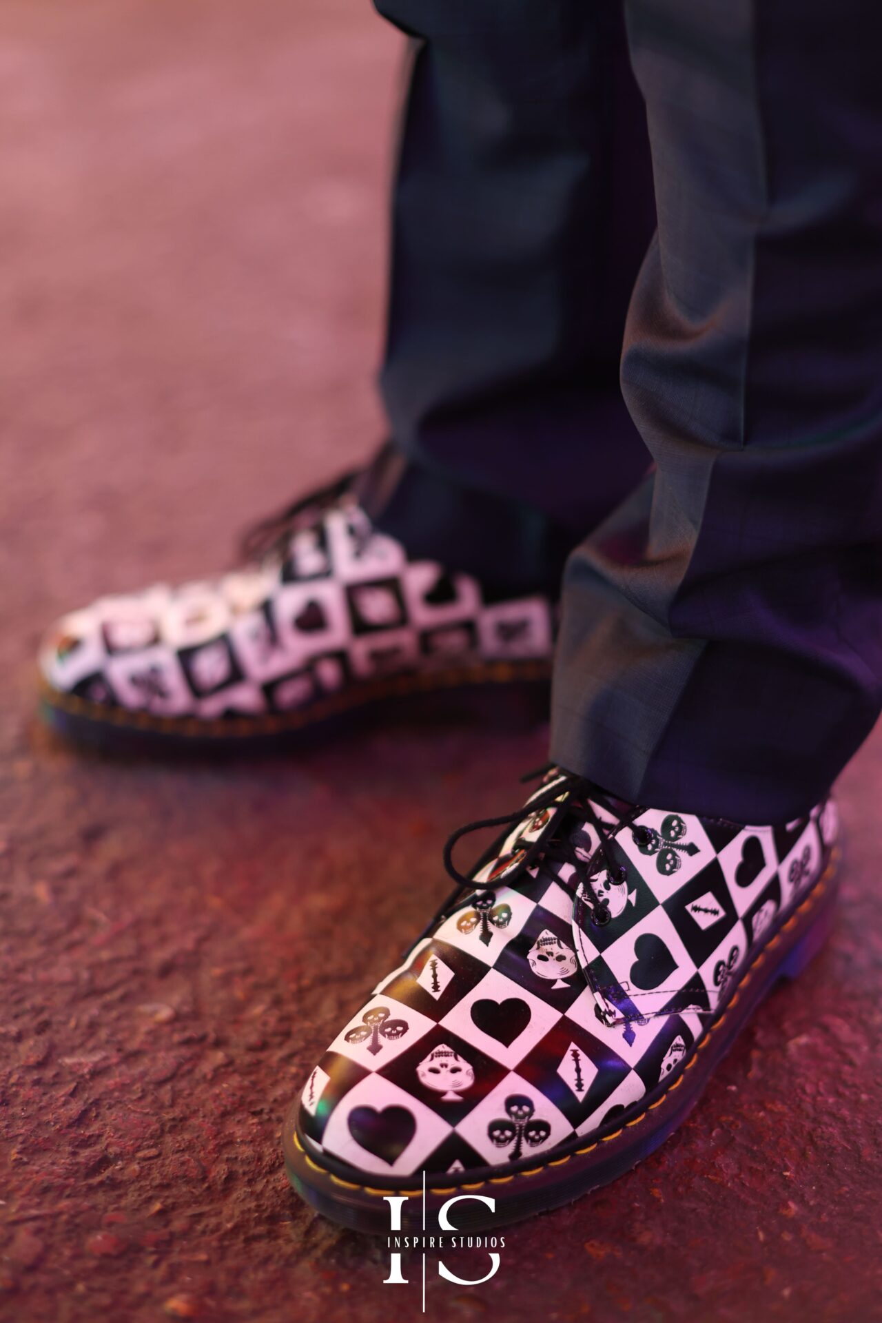 Close-up of groom’s shoes at Gods Own Junkyard punk wedding London