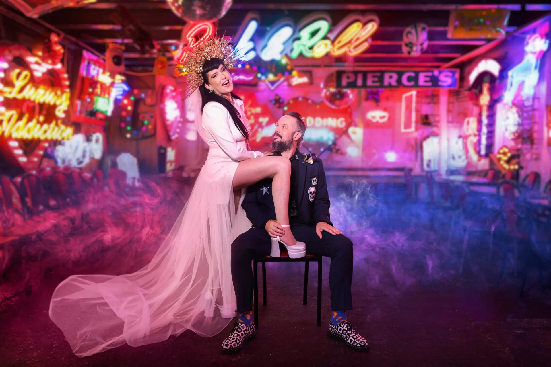 Creative punk wedding photographer capturing vibrant moments at Gods Own Junkyard London