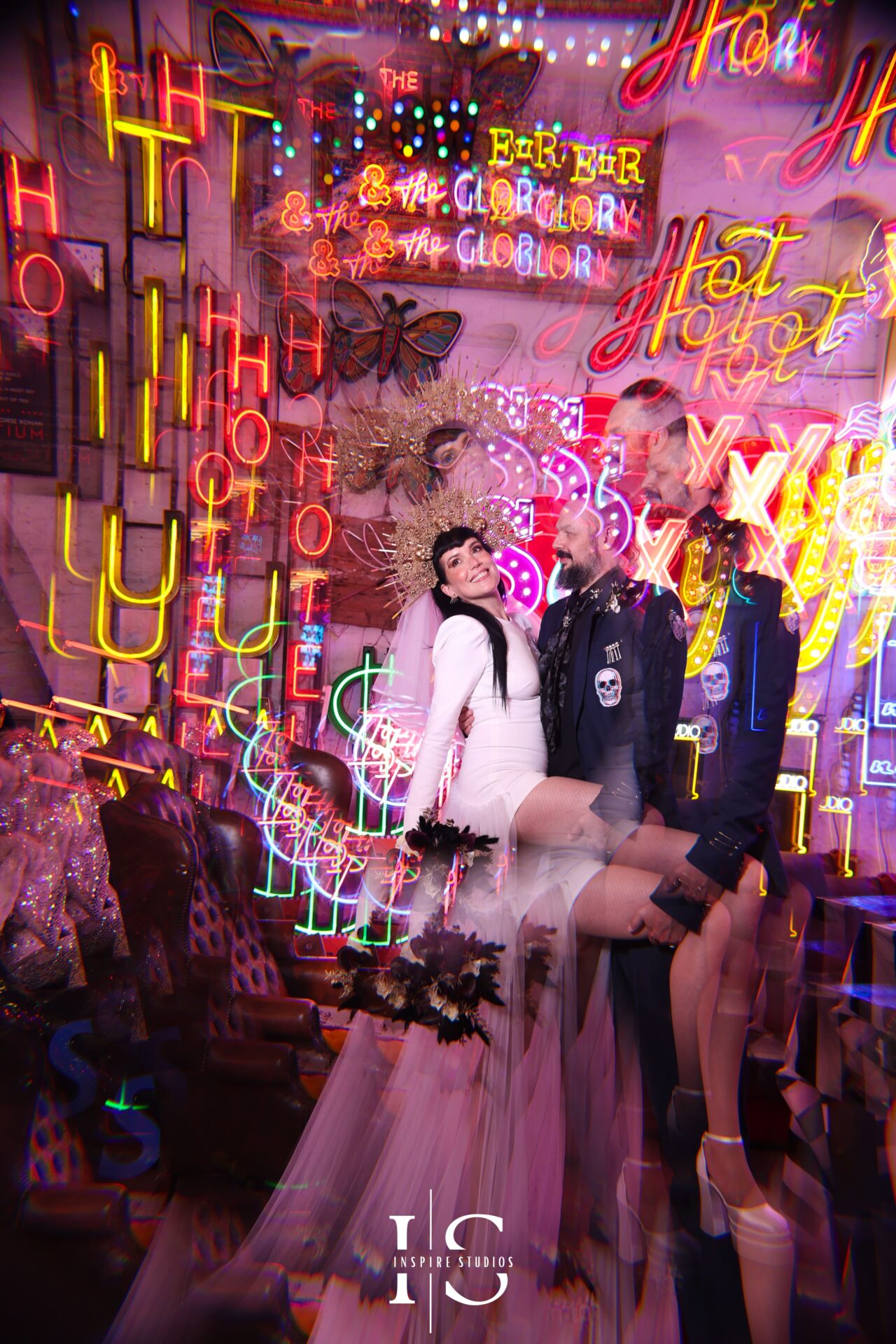 Kaleidoscope lens couple wedding portraits showing artistic light effects