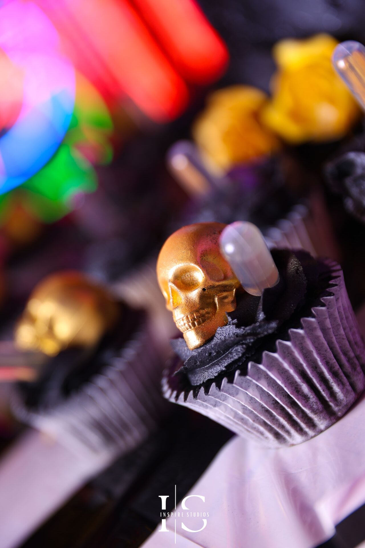 Punk wedding dessert decorated with skull at Gods Own Junkyard