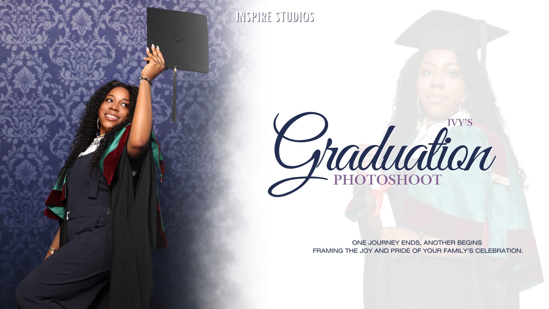 Graduate posing confidently in cap and gown with Inspire Studios, affordable graduation photographer in London.
