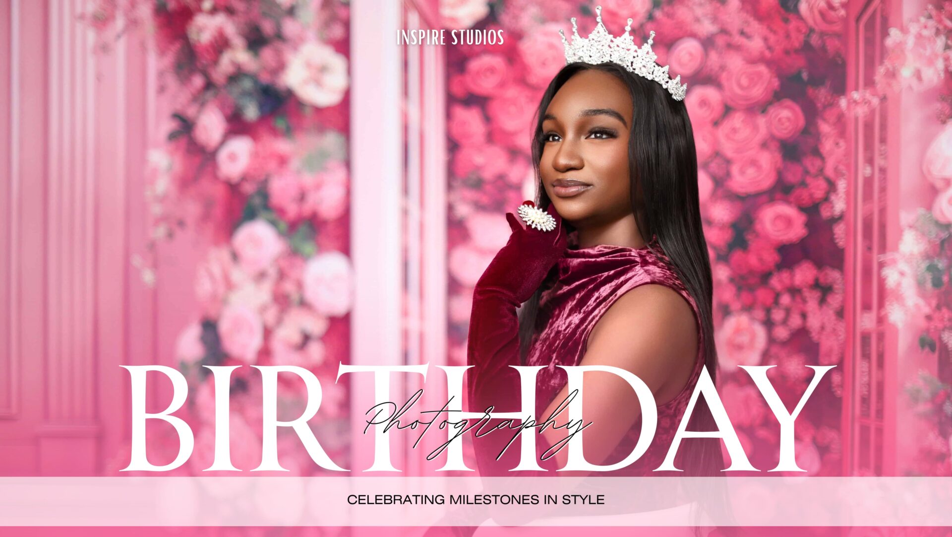 Child smiling with birthday cake in studio photoshoot