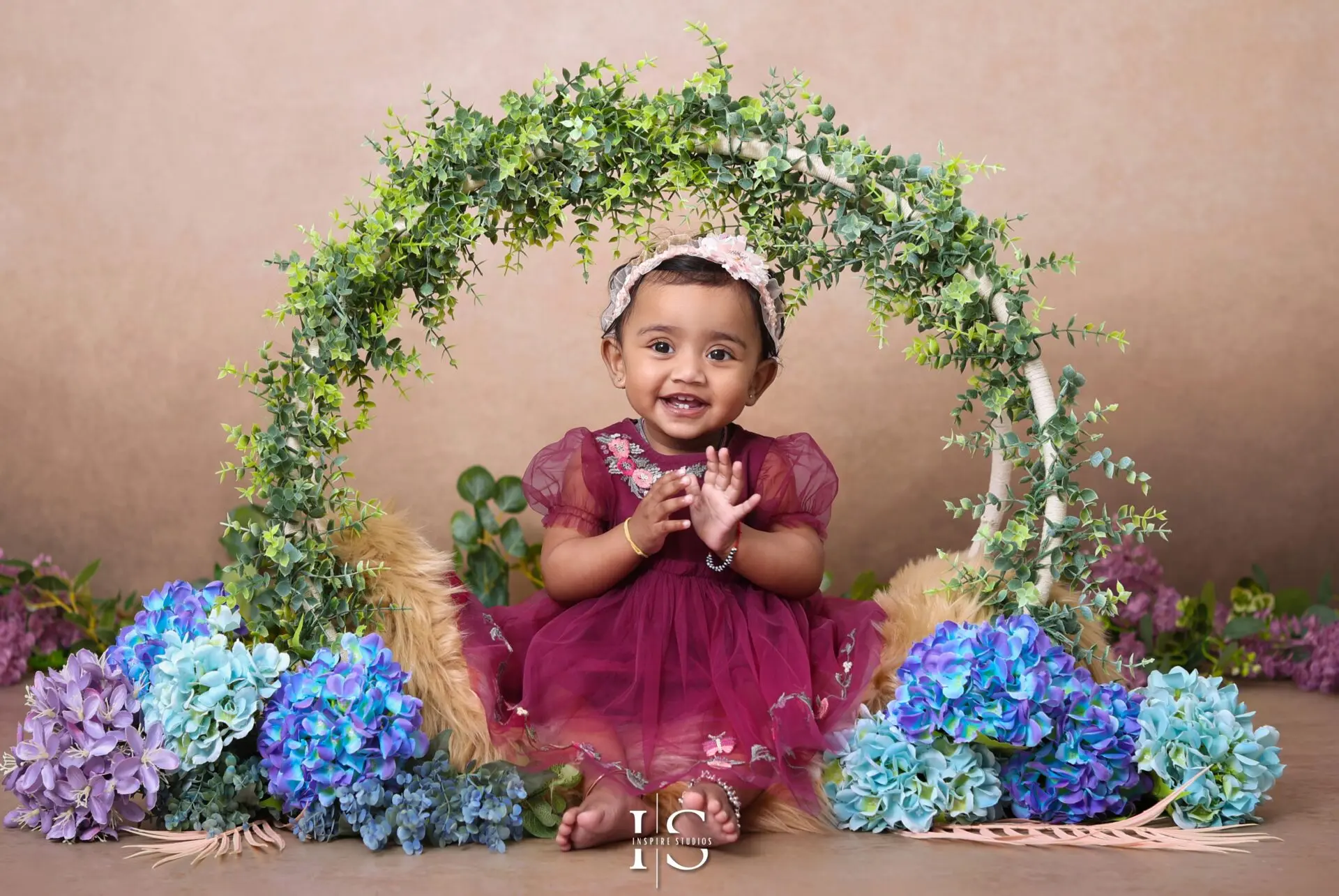 Boho themed girl first birthday photoshoot with rustic styling in London