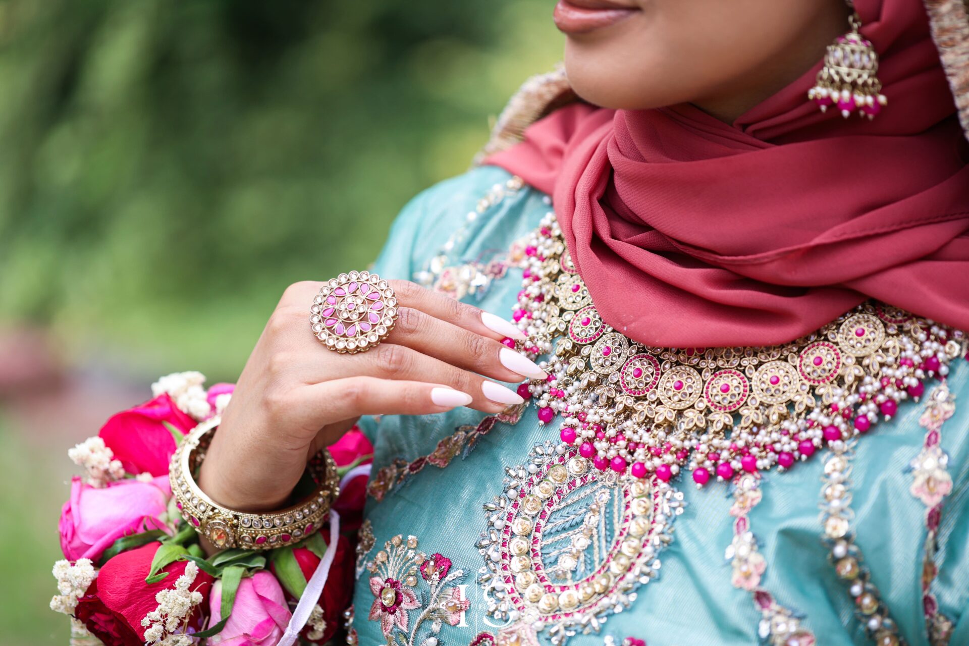 Close-up portraits of bride at a Mehndi wedding in London.