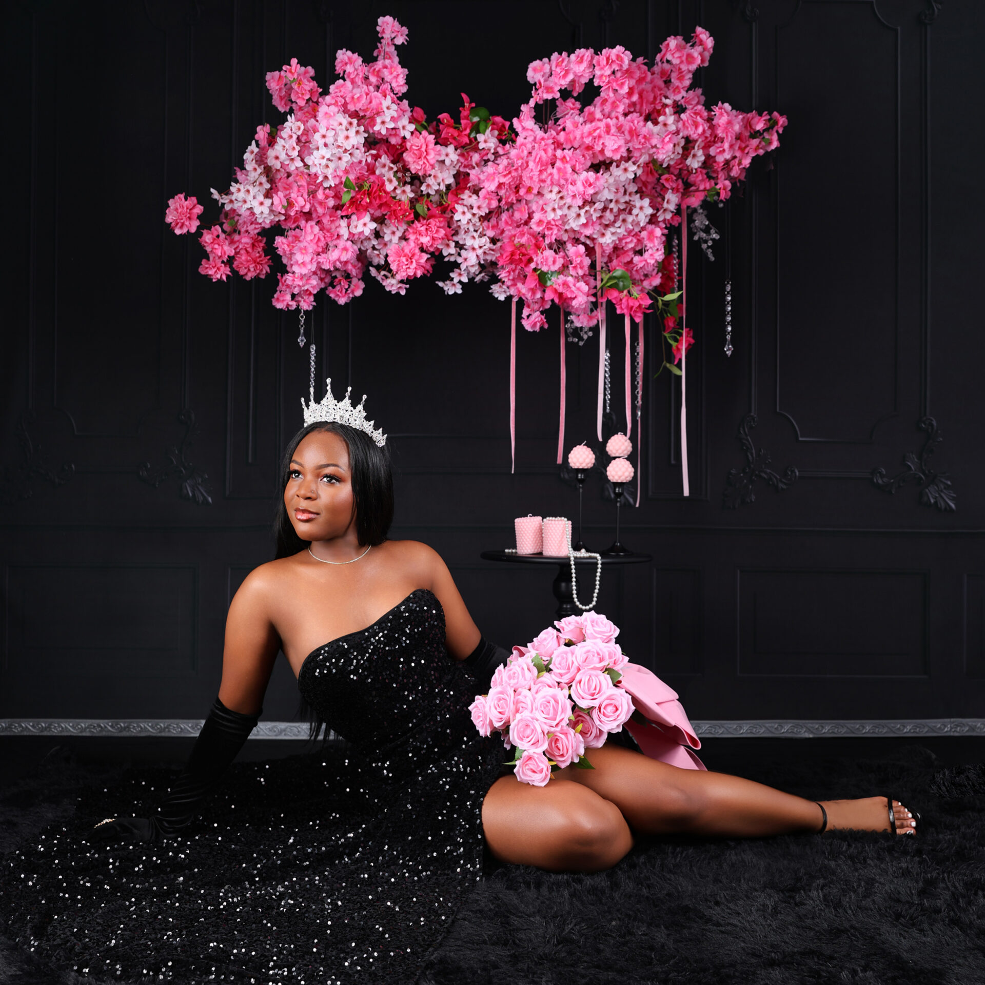 Cherry blossom backdrop studio birthday photoshoot in London