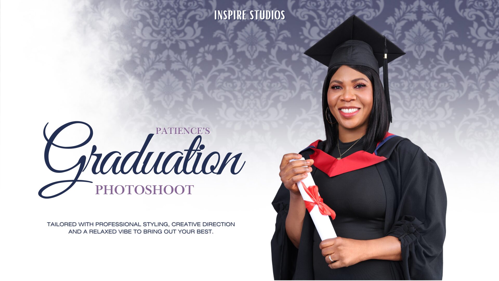 Professional graduation day photoshoot studio session in London with student posing in gown and cap