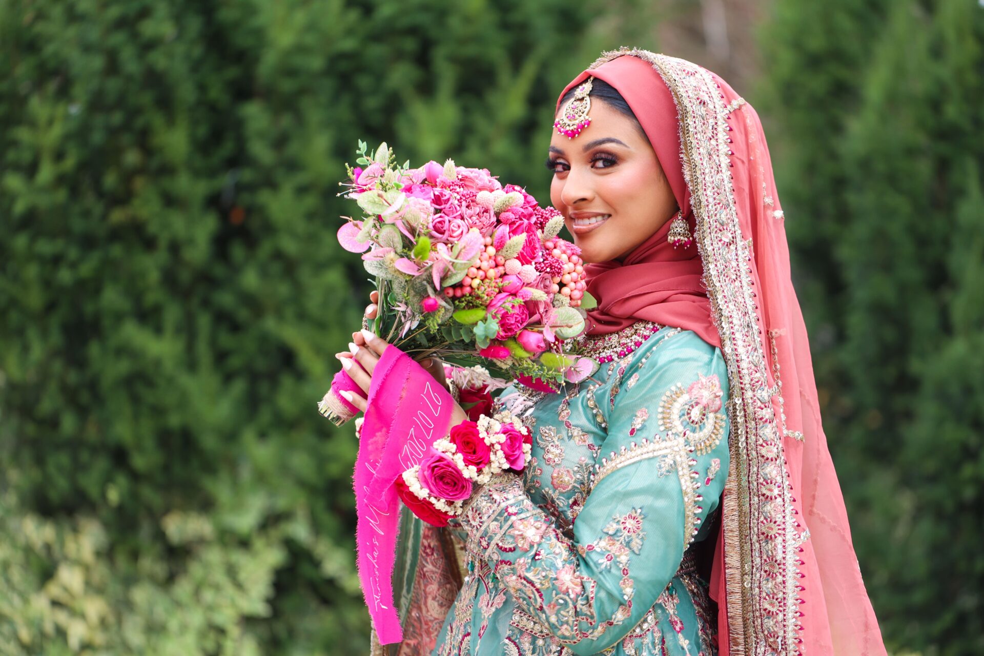 Bridal portraits at a Mehndi wedding taken by a female photographer in London.