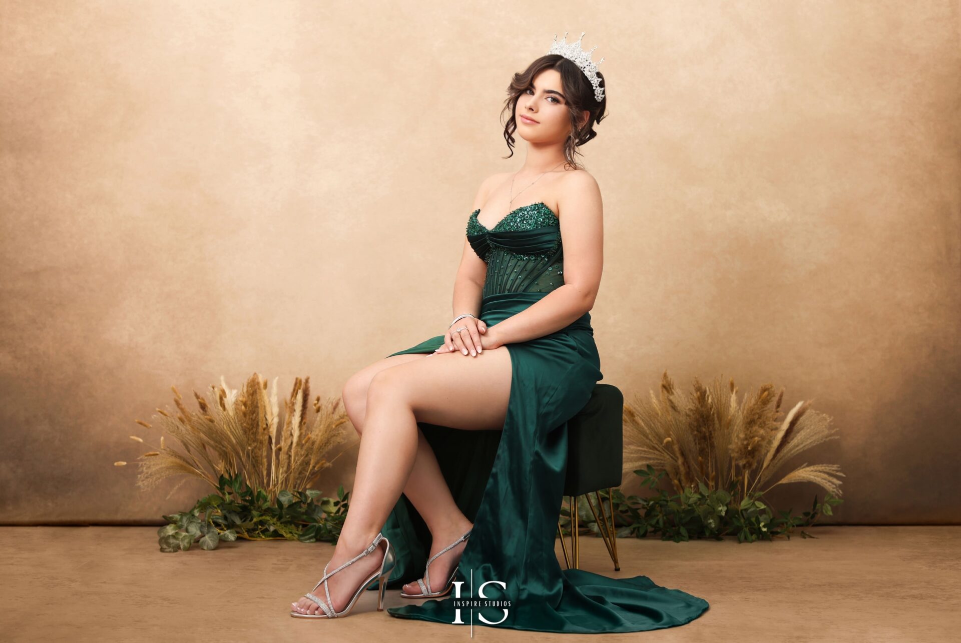 Student dressed for prom during a studio photoshoot in London