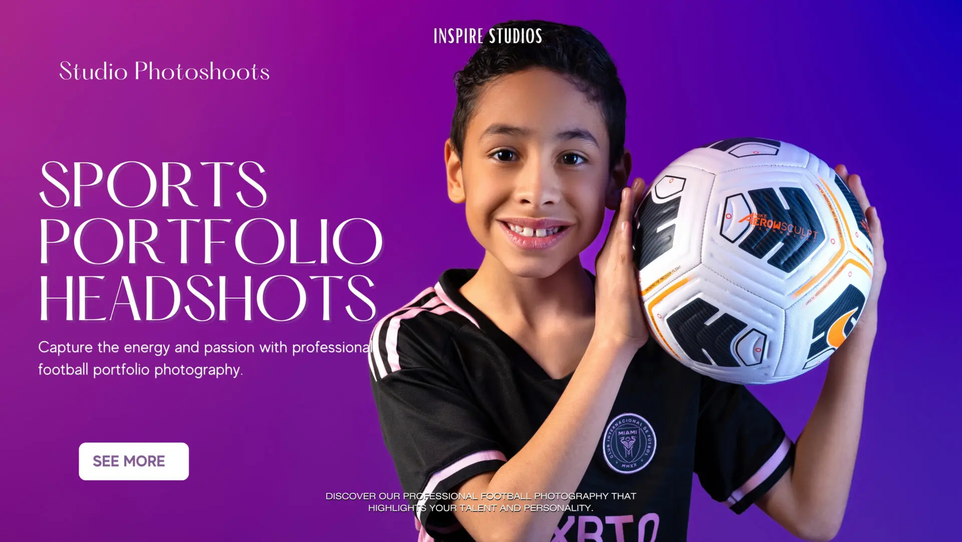 Child posing in a sports-themed studio photoshoot in London