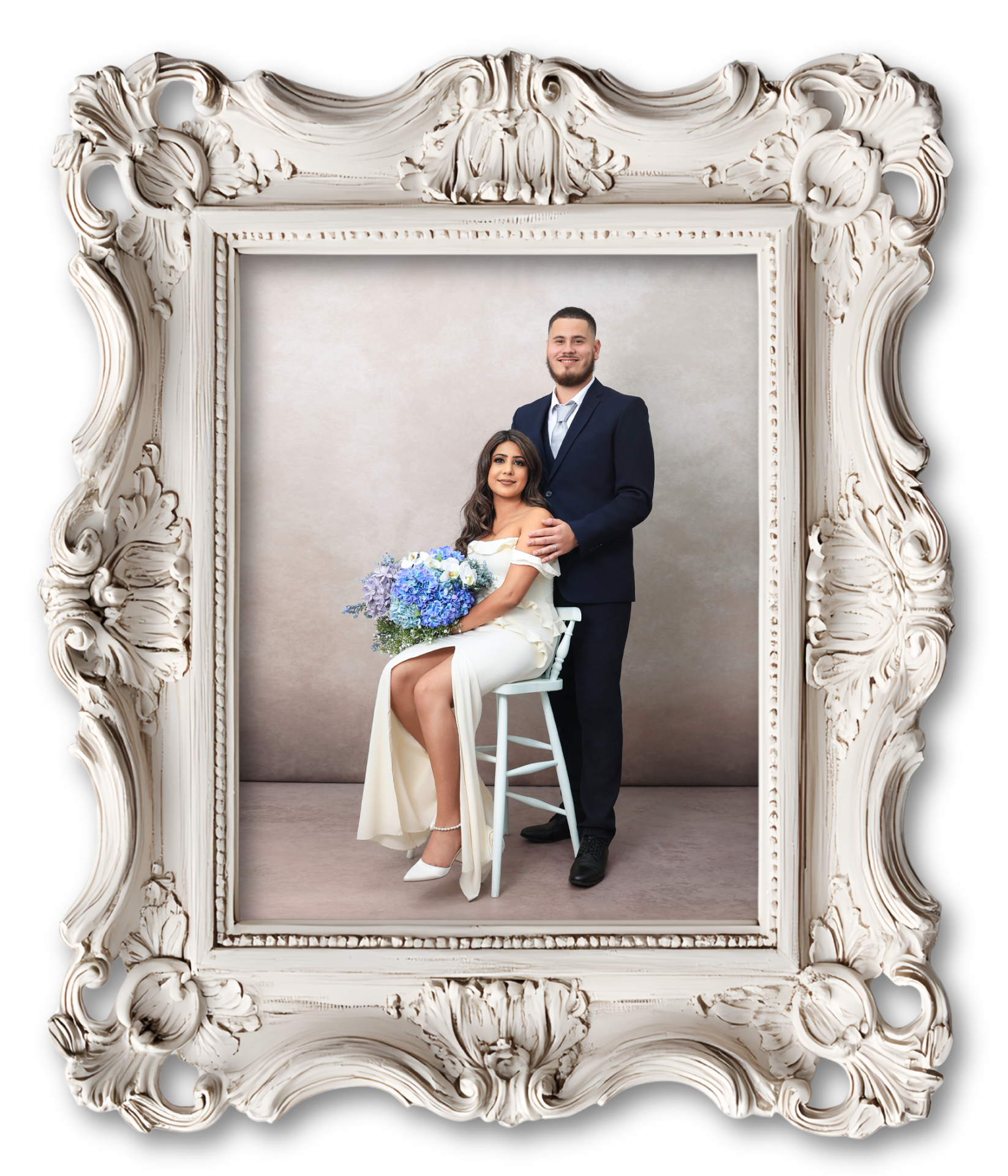 Vintage couple photoshoot in a London studio with classic wedding style.