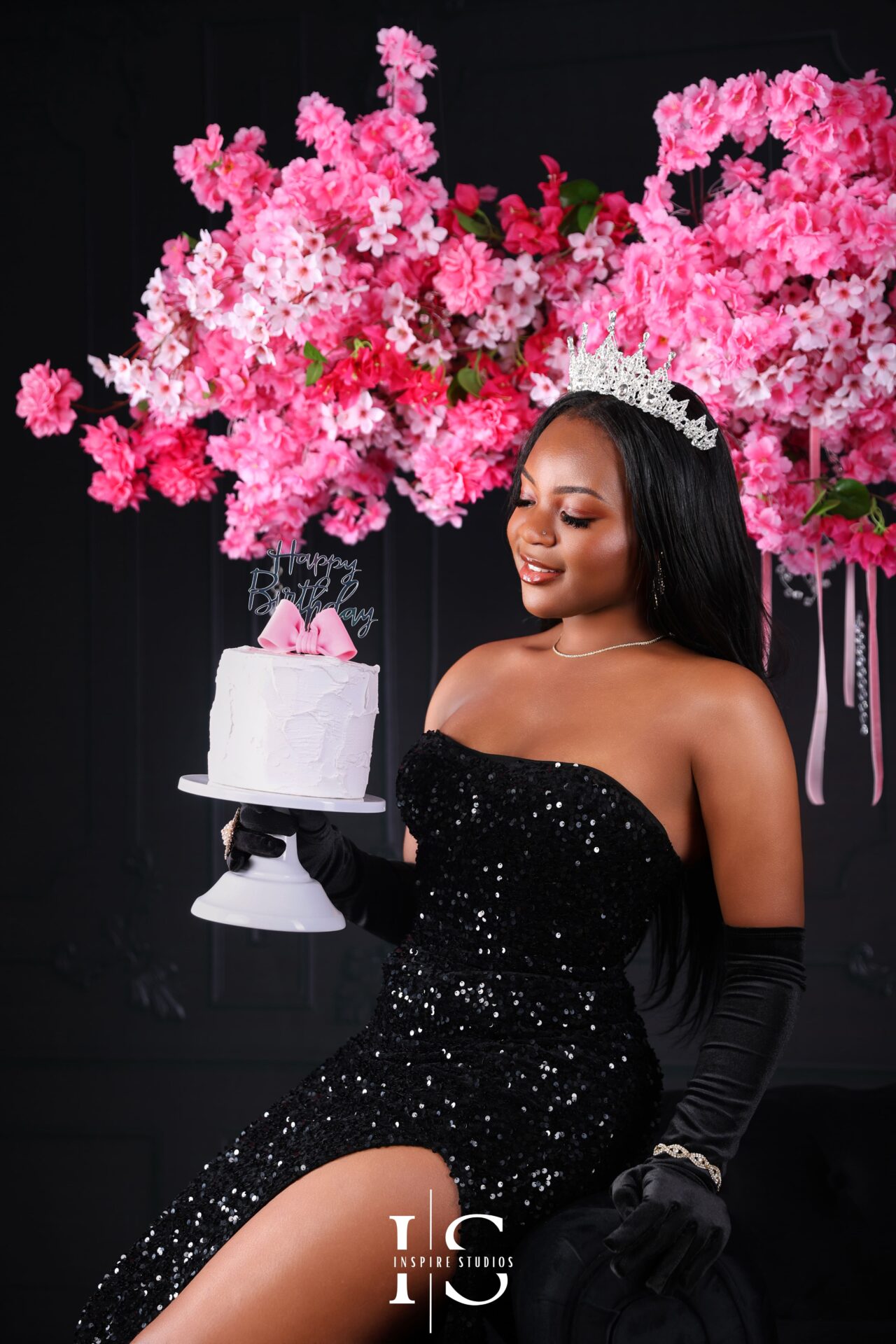 Sweet Sixteen birthday girl studio photoshoot with birthday cake