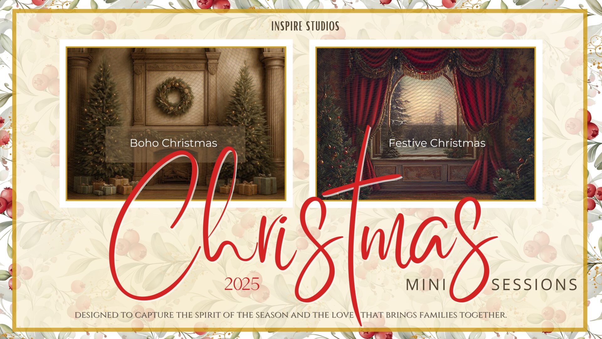 Christmas mini sessions 2025 at Inspire Studios in Walthamstow, London — festive family and children holiday photoshoot with elegant Christmas décor.