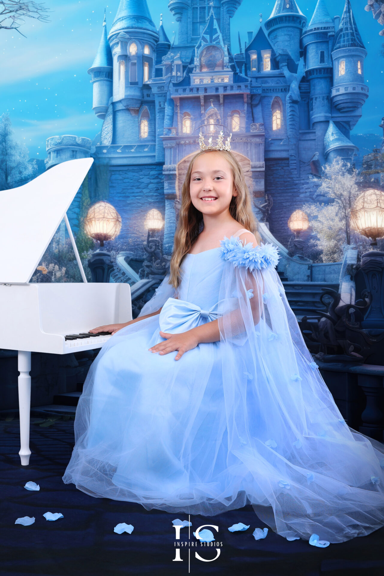 Cinderella themed children’s fairytale photoshoot in a London studio with princess dress and elegant setup