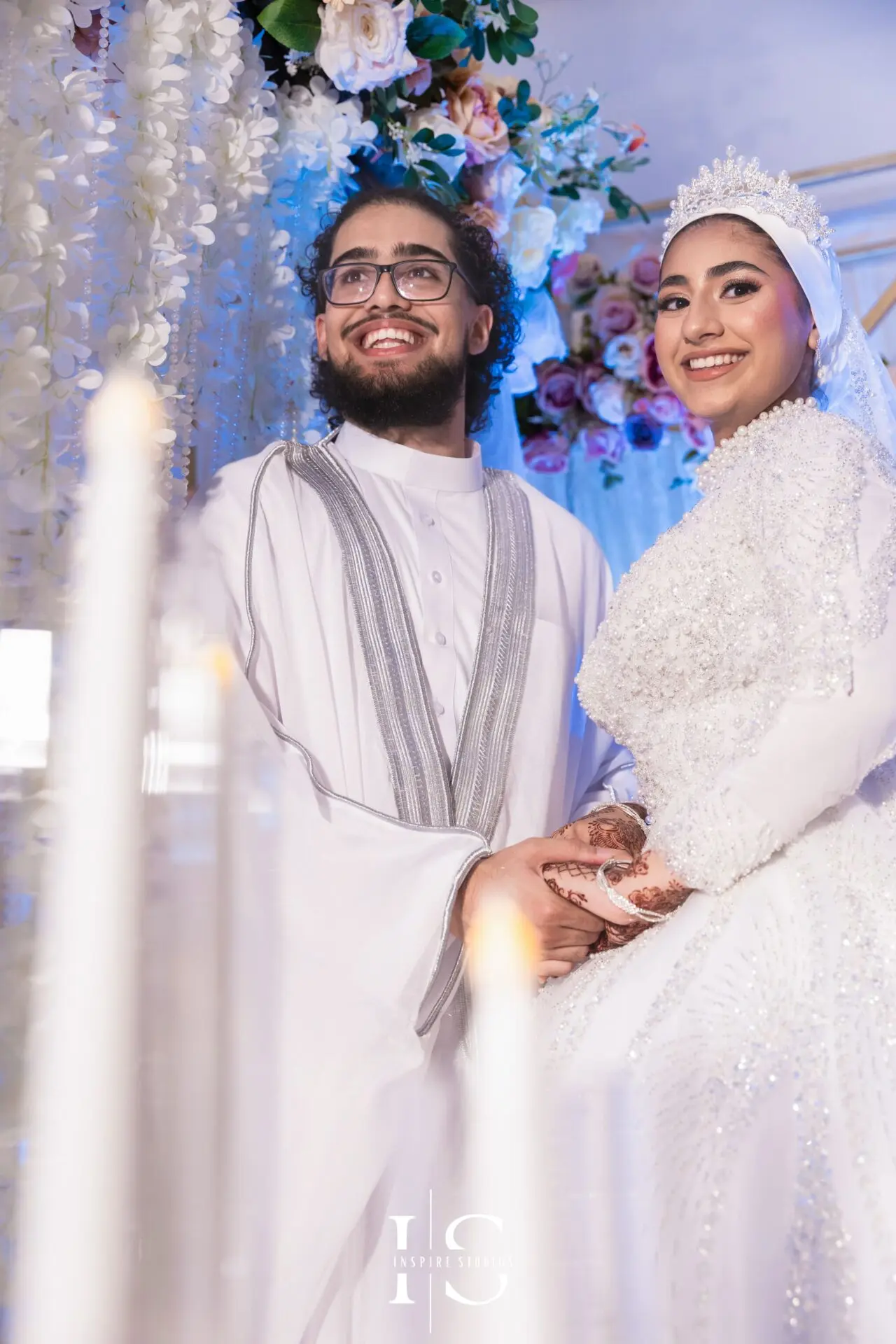 Bride and groom portrait after Nikkah ceremony at Pavilion Banqueting Walthamstow, London – captured by Inspire Studios
