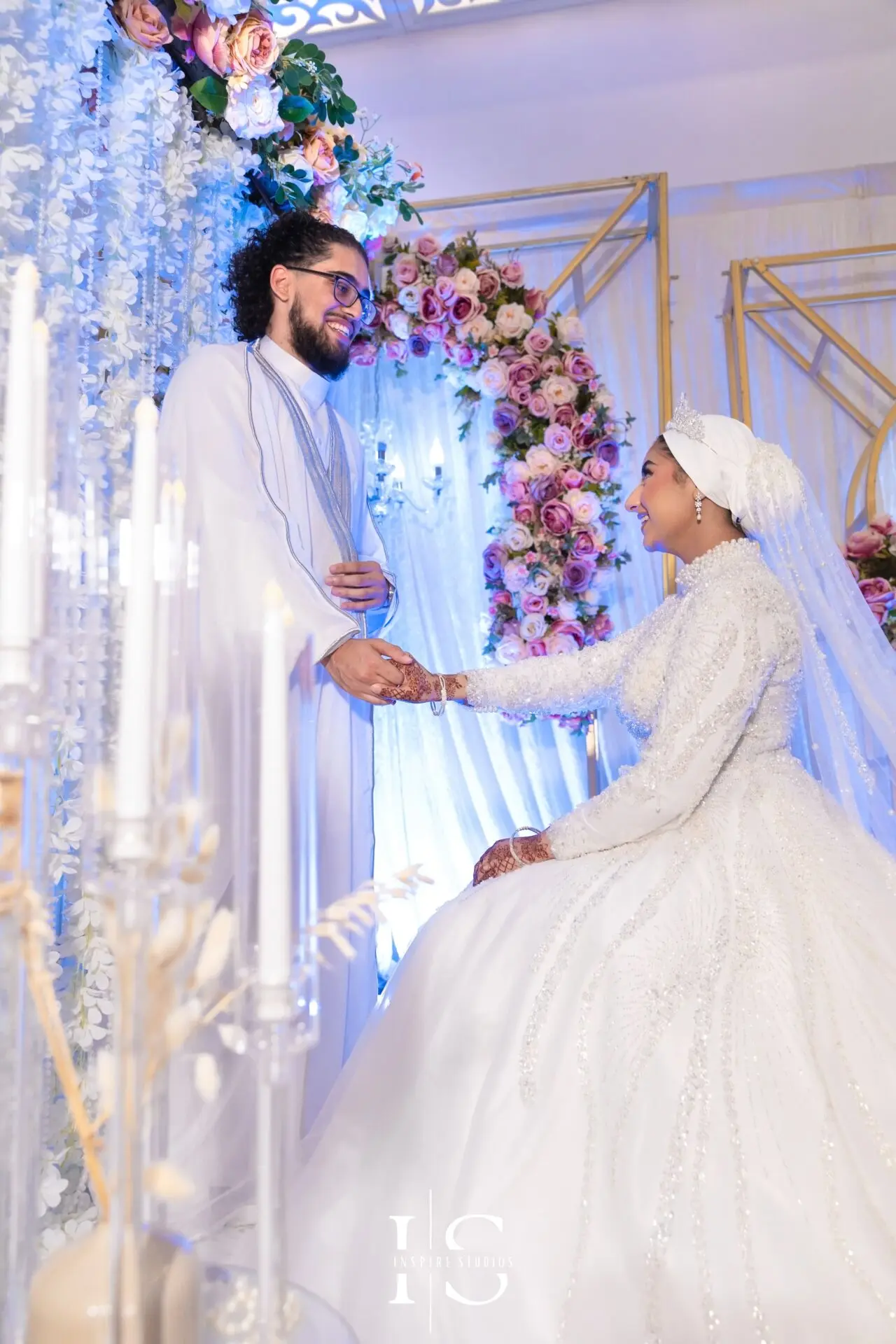 Bride and groom together after Nikkah ceremony at Pavilion Banqueting Walthamstow, London – captured by Inspire Studios