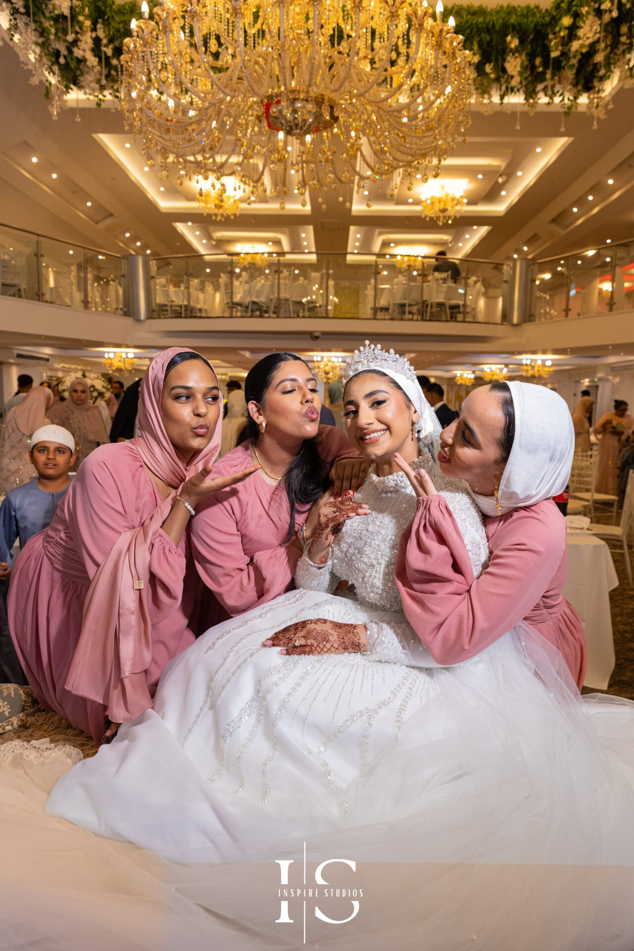 Bride with her bridesmaids at Pavilion Banqueting Walthamstow, London – captured by Inspire Studios