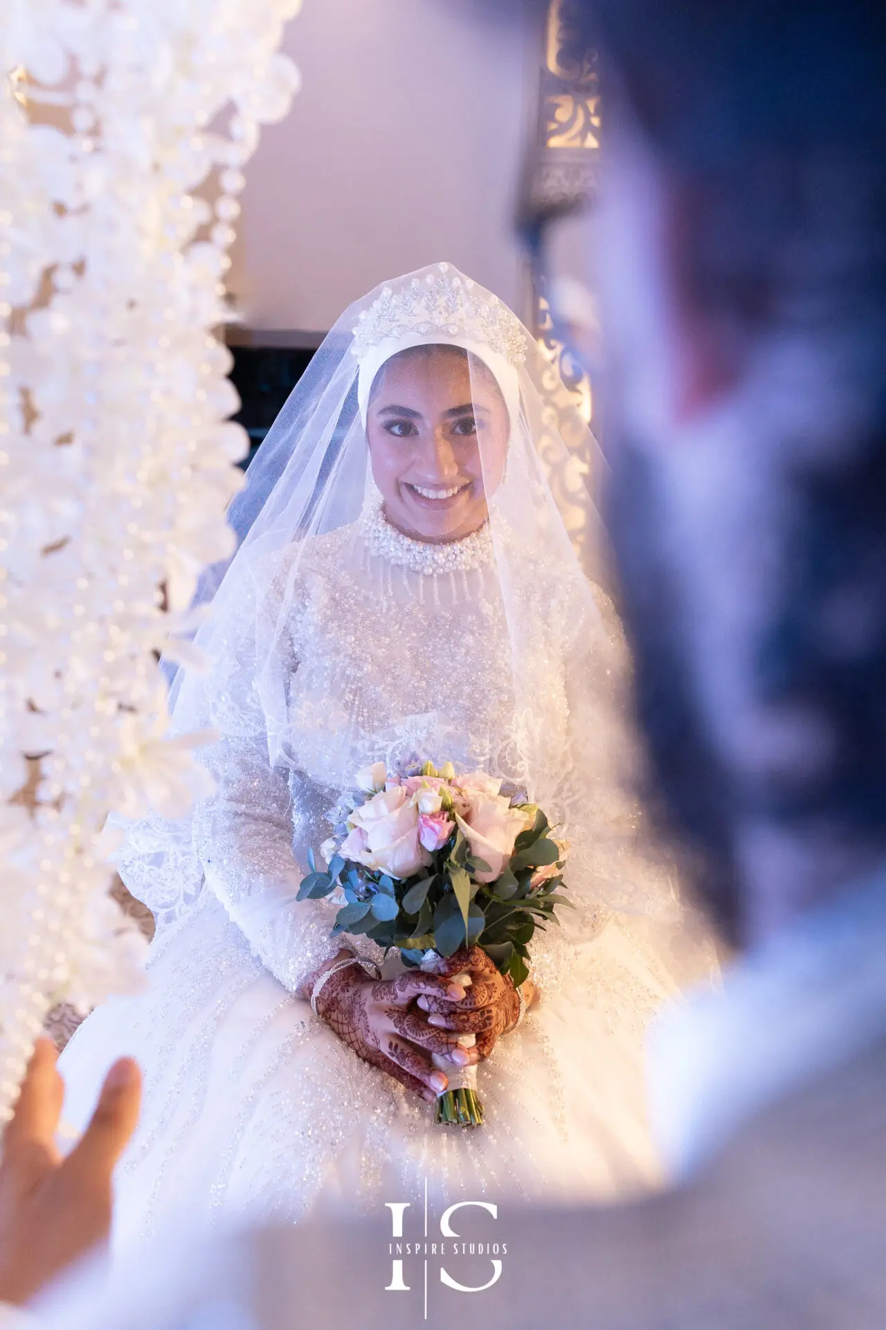 Bride close-up portrait during Nikkah ceremony at Pavilion Banqueting Walthamstow, London – captured by Inspire Studios