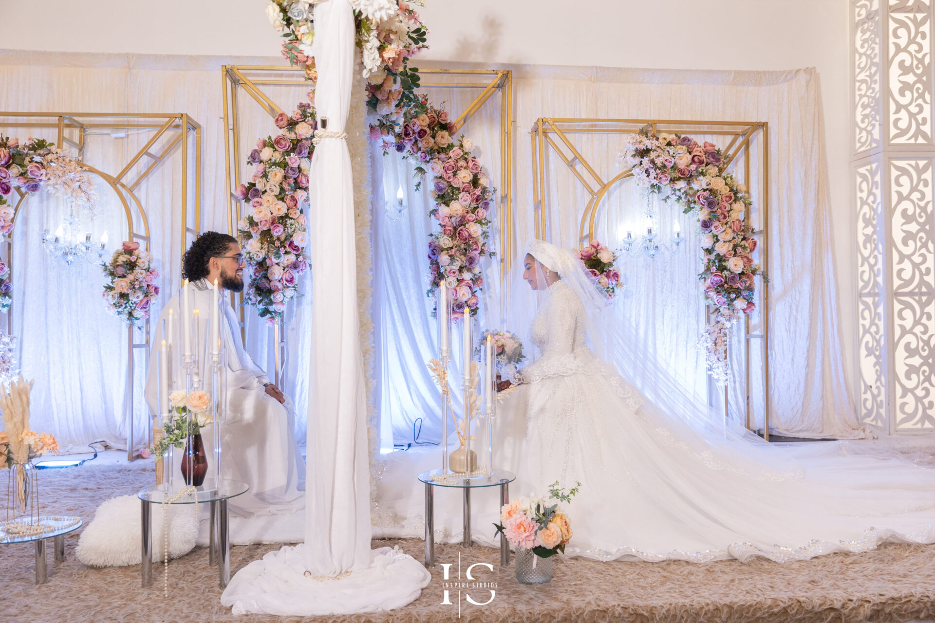 Bride and groom during Nikkah ceremony at Pavilion Banqueting Walthamstow, London – captured by Inspire Studios