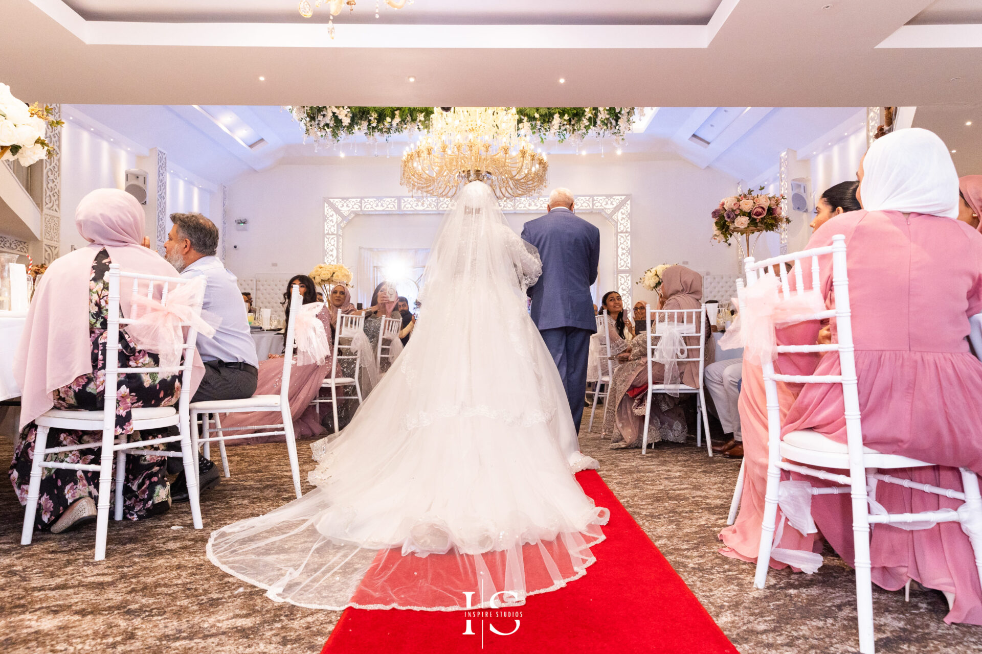 Bride walking in with her father at Pavilion Banqueting Walthamstow for Nikkah ceremony – Inspire Studios