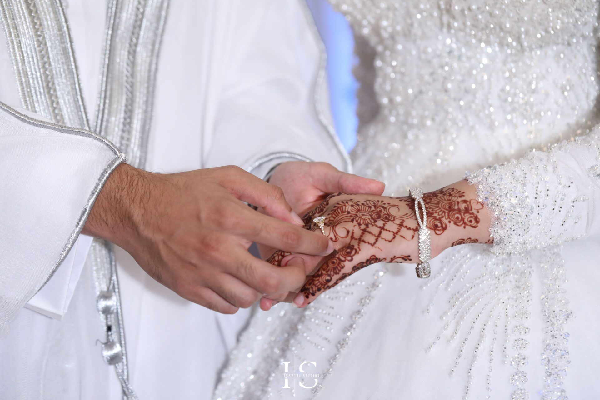 Groom putting ring on bride’s finger at Pavilion Banqueting Walthamstow, London – captured by Inspire Studios