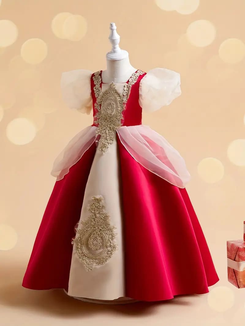 Red and gold embroidered girls party dress for 10 to 11 years