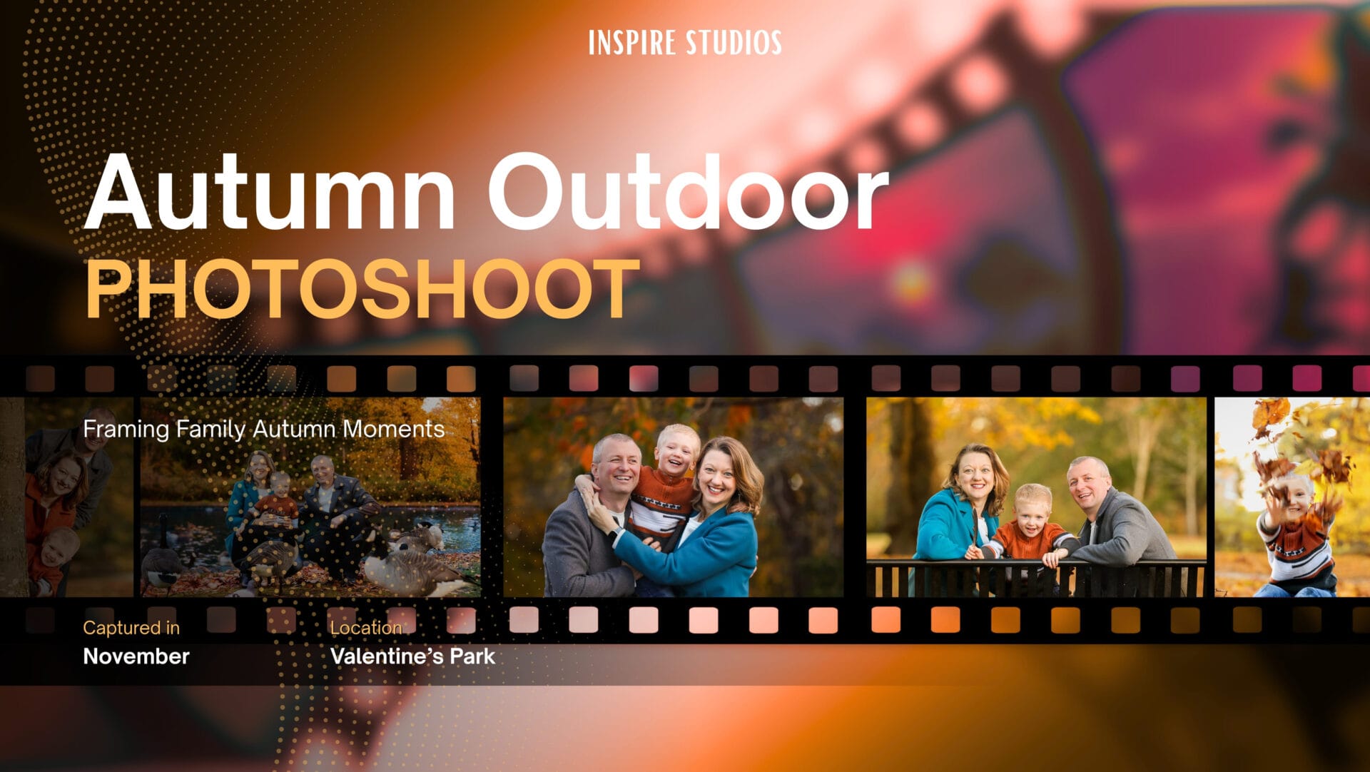 Autumn family outdoor photoshoot in London capturing golden leaves and warm seasonal light by Inspire Studios