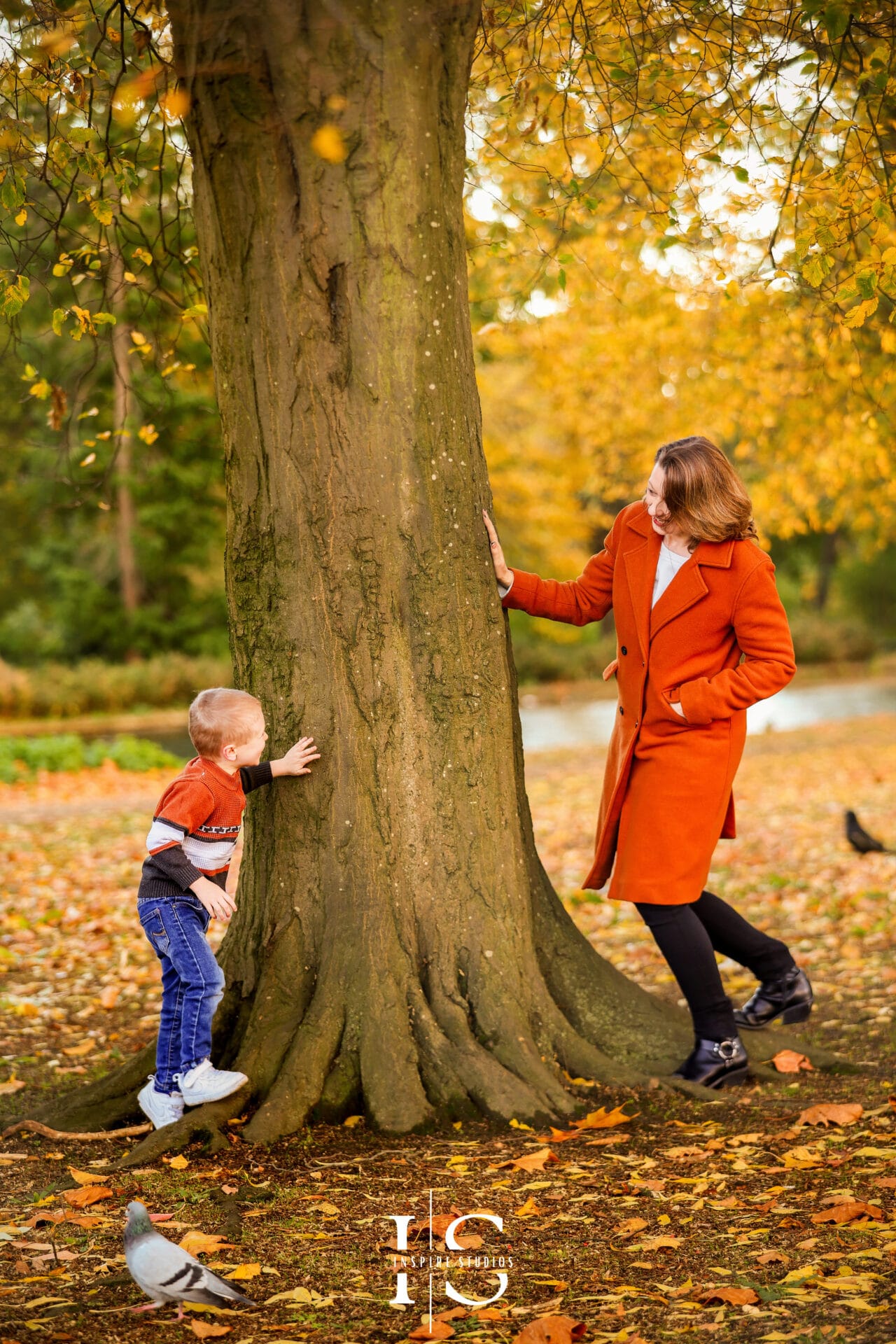 Family portraits from an outdoor autumn photoshoot with warm seasonal colours and candid expressions.