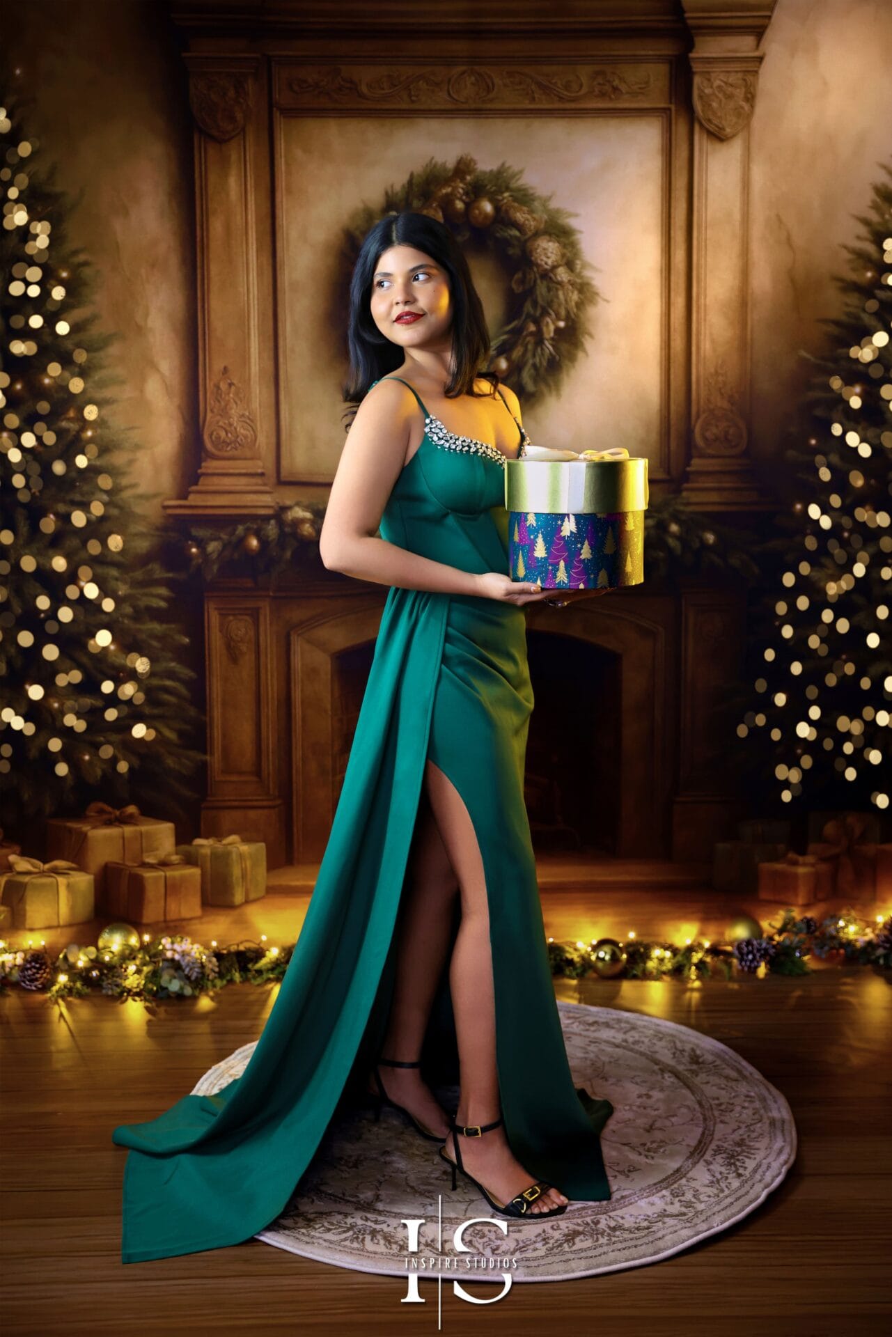 Vintage Christmas photoshoot in London, classic festive portrait photography.