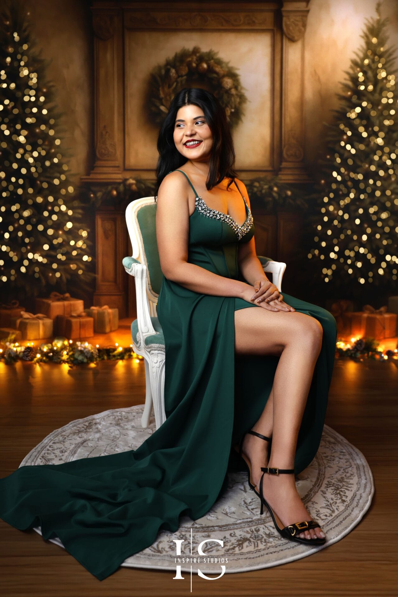 Woman posing in a Boho Christmas setup in a London studio, also ideal for families and children.