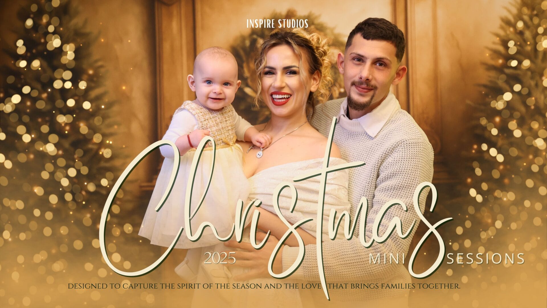 Family and baby’s first Christmas photoshoot in a London studio with elegant festive styling