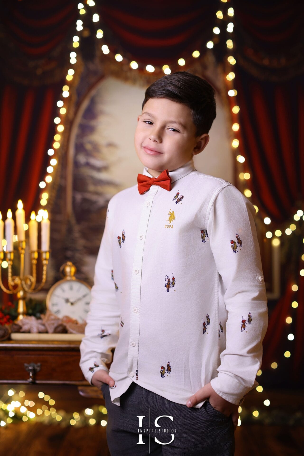 Festive mother and son photography with Christmas decorations and cozy styling